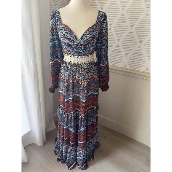 Venus Size 8 Medium Blue Rust Boho Balloon Sleeve Chiffon Tiered Maxi Dress - Picture 2 of 8
